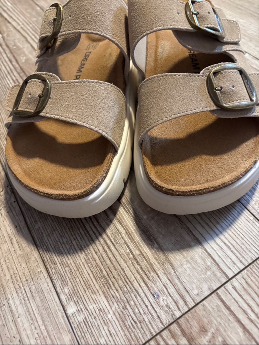 Double-Buckle Beige Suede Women’s Slide Sandals - Picture 4 of 8